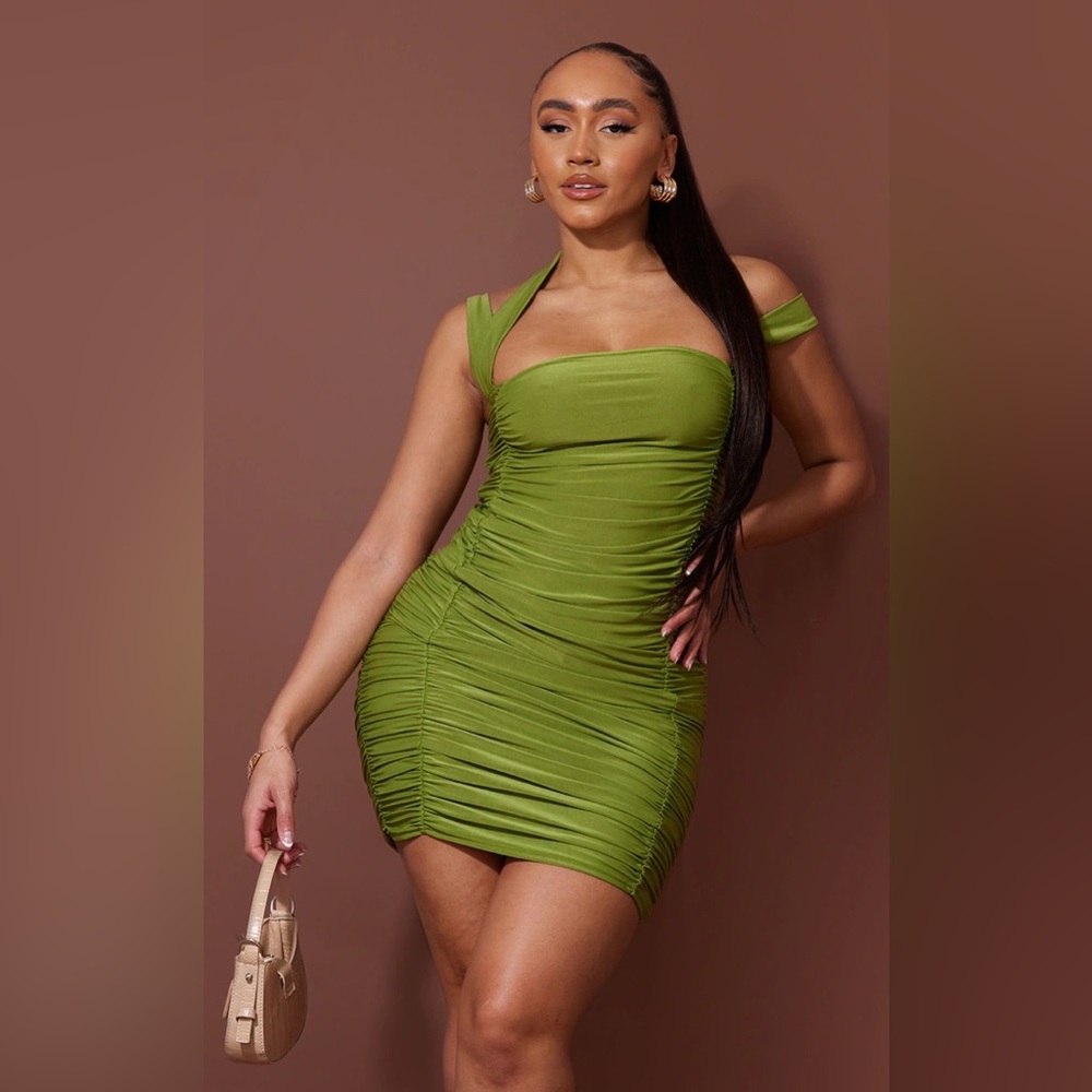 PLT Shape Olive Slinky Extreme Ruched Bodycon Dress
 US 8